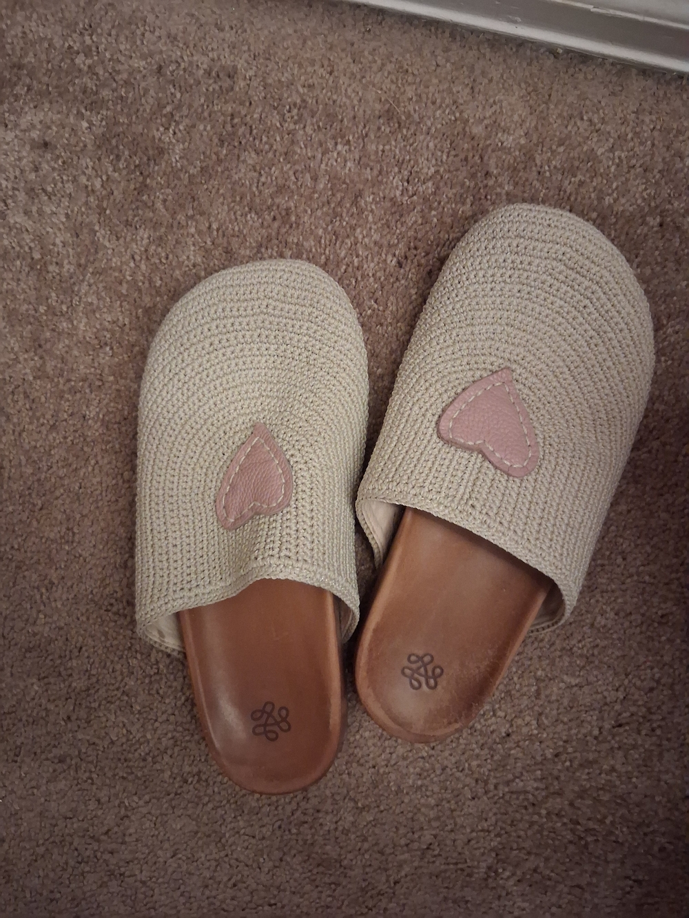 Women's Sz 8 Beige Crochet Slip-On Mules with Pink Heart Patch | The Sak